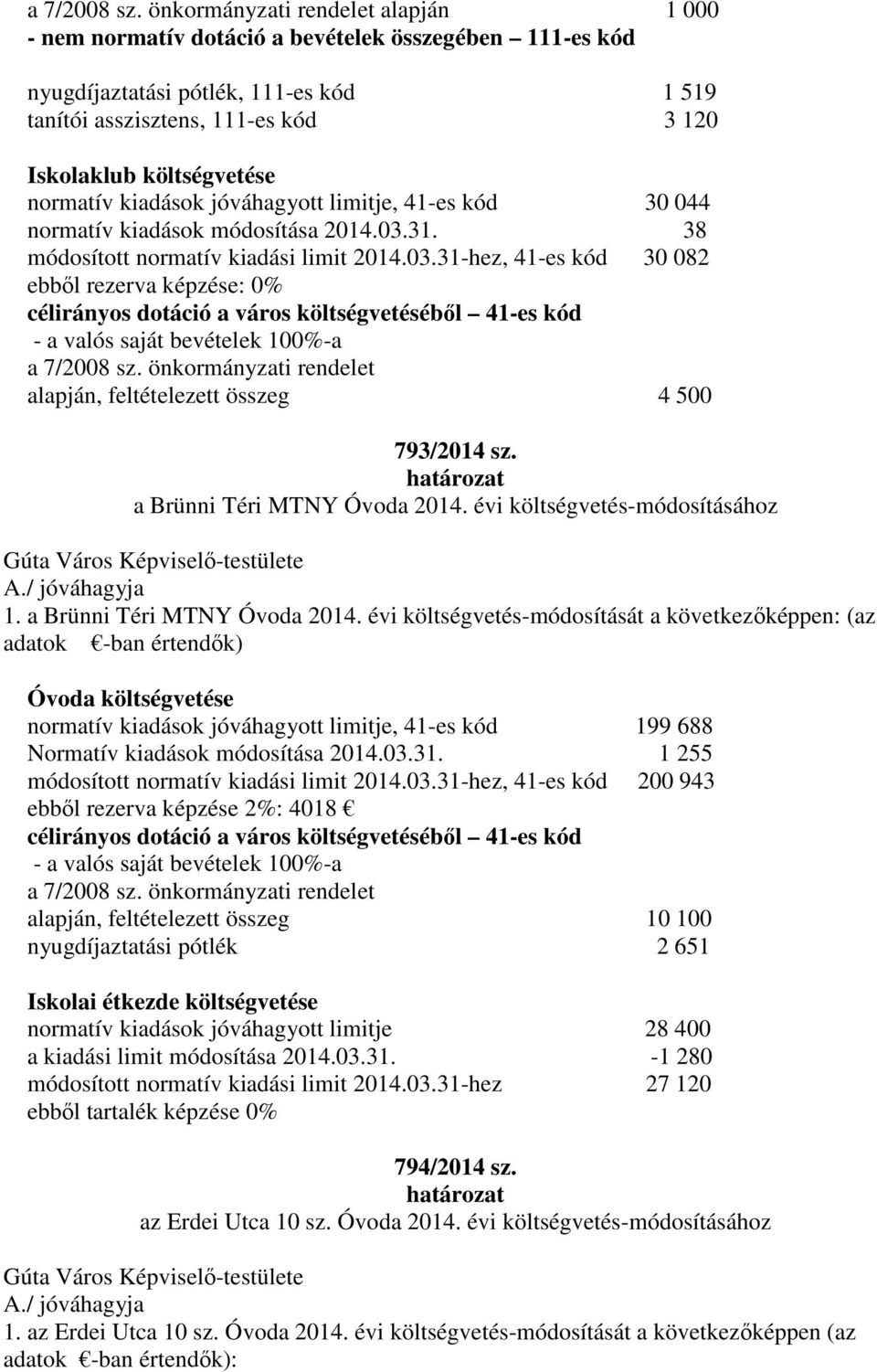 normatív kiadások jóváhagyott limitje, 41-es kód 30 044 normatív kiadások módosítása 2014.03.