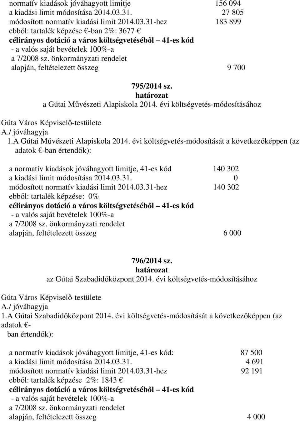 évi költségvetés-módosítását a következőképpen (az adatok -ban értendők): a normatív kiadások jóváhagyott limitje, 41-es kód 140 302 a kiadási limit módosítása 2014.03.31.