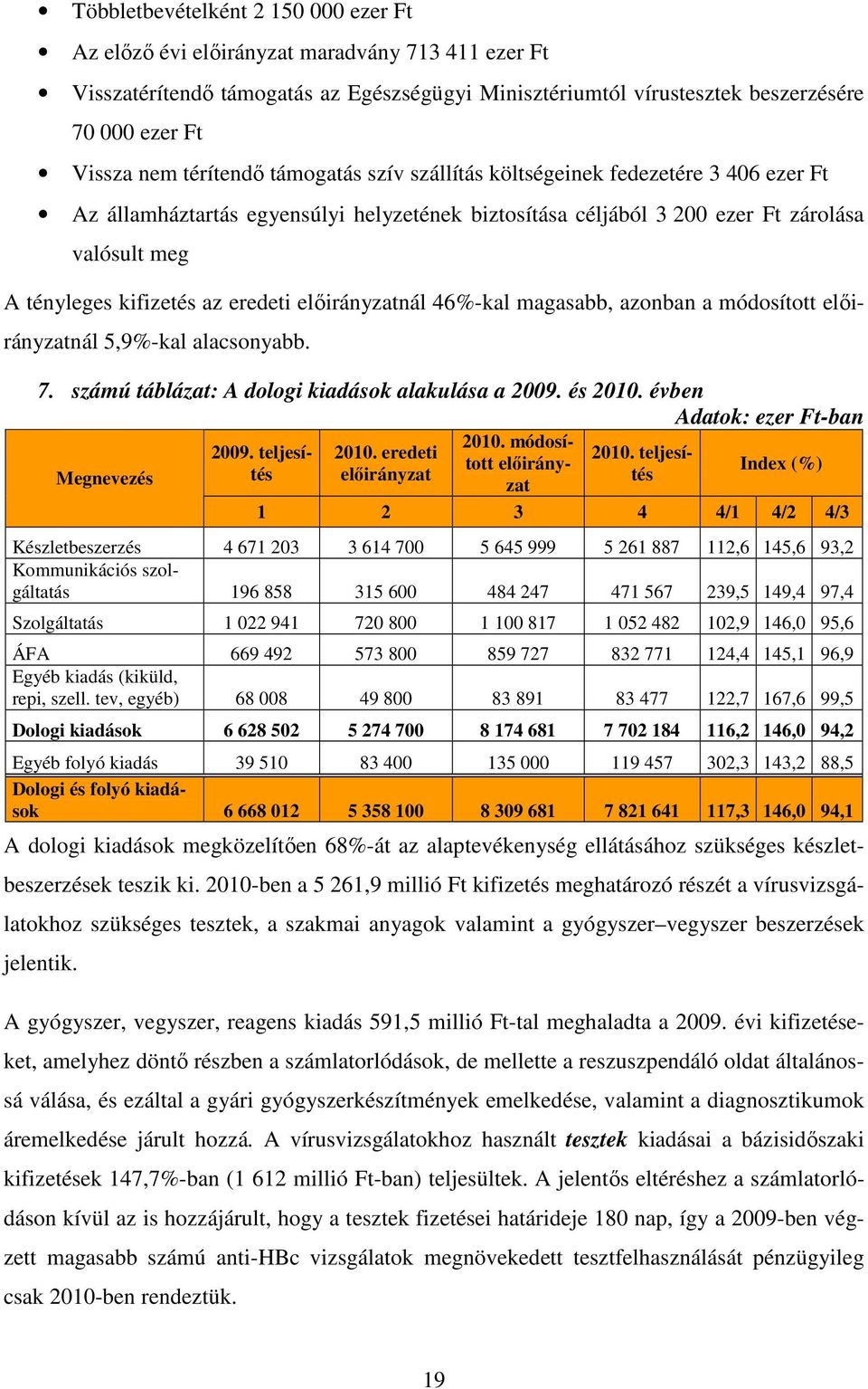 eredeti előirányzatnál 46%-kal magasabb, azonban a módosított előirányzatnál 5,9%-kal alacsonyabb. 7. számú táblázat: A dologi kiadások alakulása a 2009. és 2010.