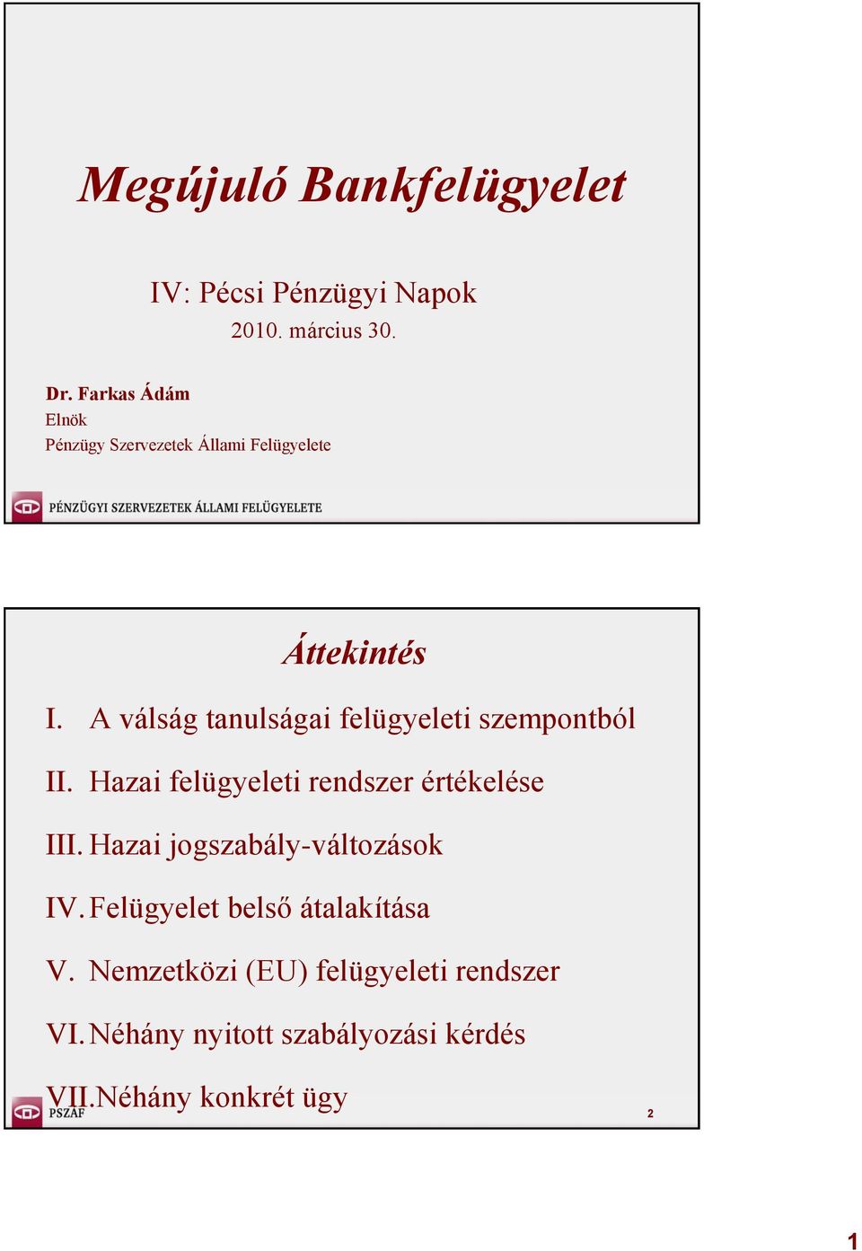 A válság tanulságai felügyeleti szempontból II. Hazai felügyeleti rendszer értékelése III.