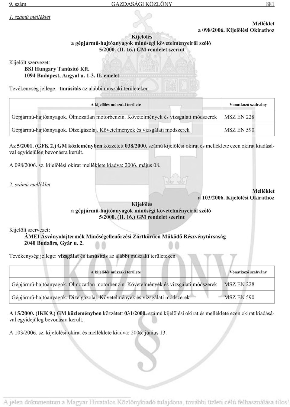 emelet Tevékenység jellege: tanúsítás az alábbi mûszaki területeken A kijelölés mûszaki területe Vonatkozó szabvány Gépjármû-hajtóanyagok. Ólmozatlan motorbenzin.