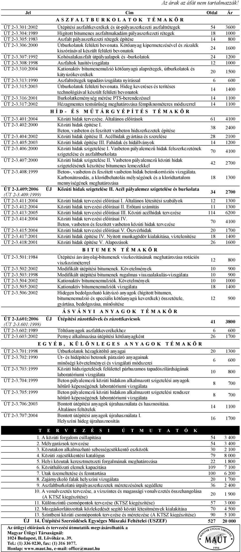 Kötőanyag kipermetezésével és zúzalék kiszórásával készült felületi bevonatok 24 1600 ÚT 2-3.307:1992 Kohósalakaszfalt útpályaalapok és -burkolatok 24 1200 ÚT 2-3.