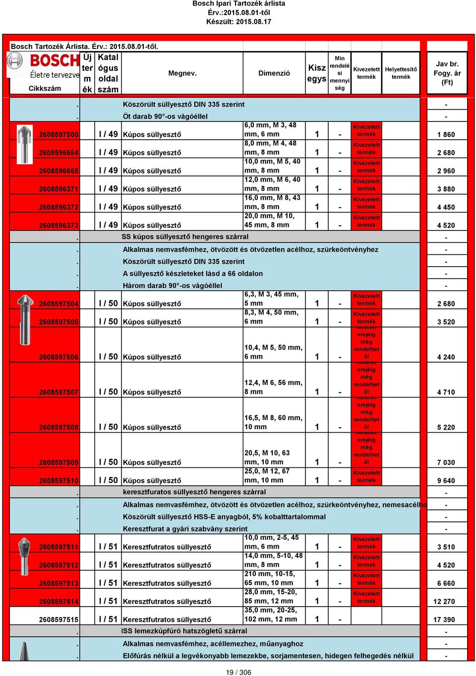 1-2 960 2608596371 I / 49 Kúpos süllyesztő 12,0, M 6, 40, 8 1-3 880 2608596372 I / 49 Kúpos süllyesztő 16,0, M 8, 43, 8 1-4 450 2608596373 I / 49 Kúpos süllyesztő 20,0, M 10, 45, 8 1-4 520.