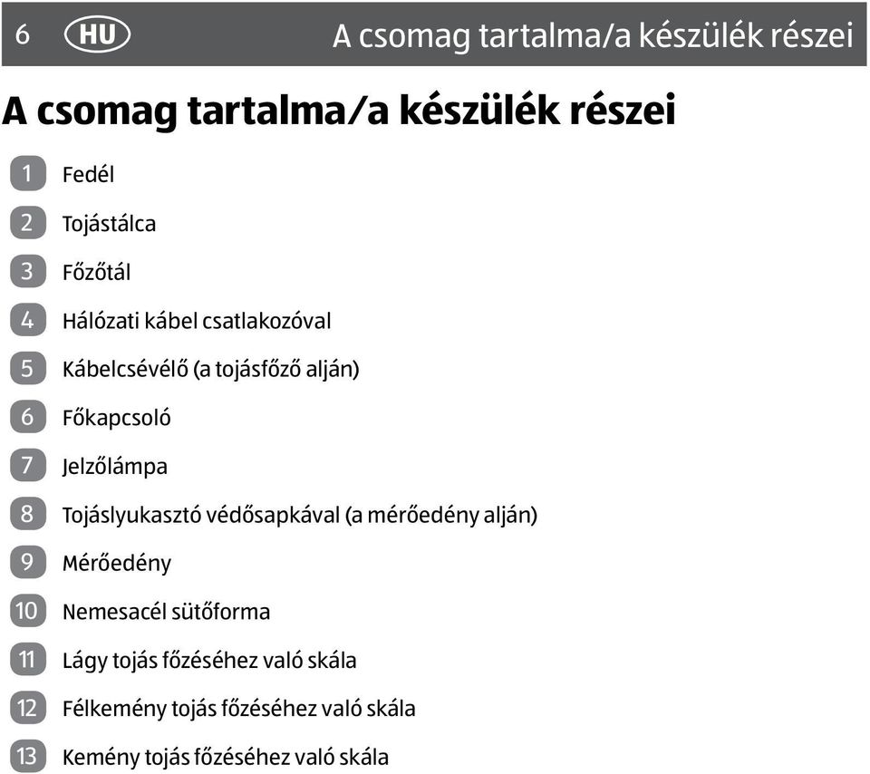 Jelzőlámpa 8 Tojáslyukasztó védősapkával (a mérőedény alján) 9 Mérőedény 10 Nemesacél sütőforma 11