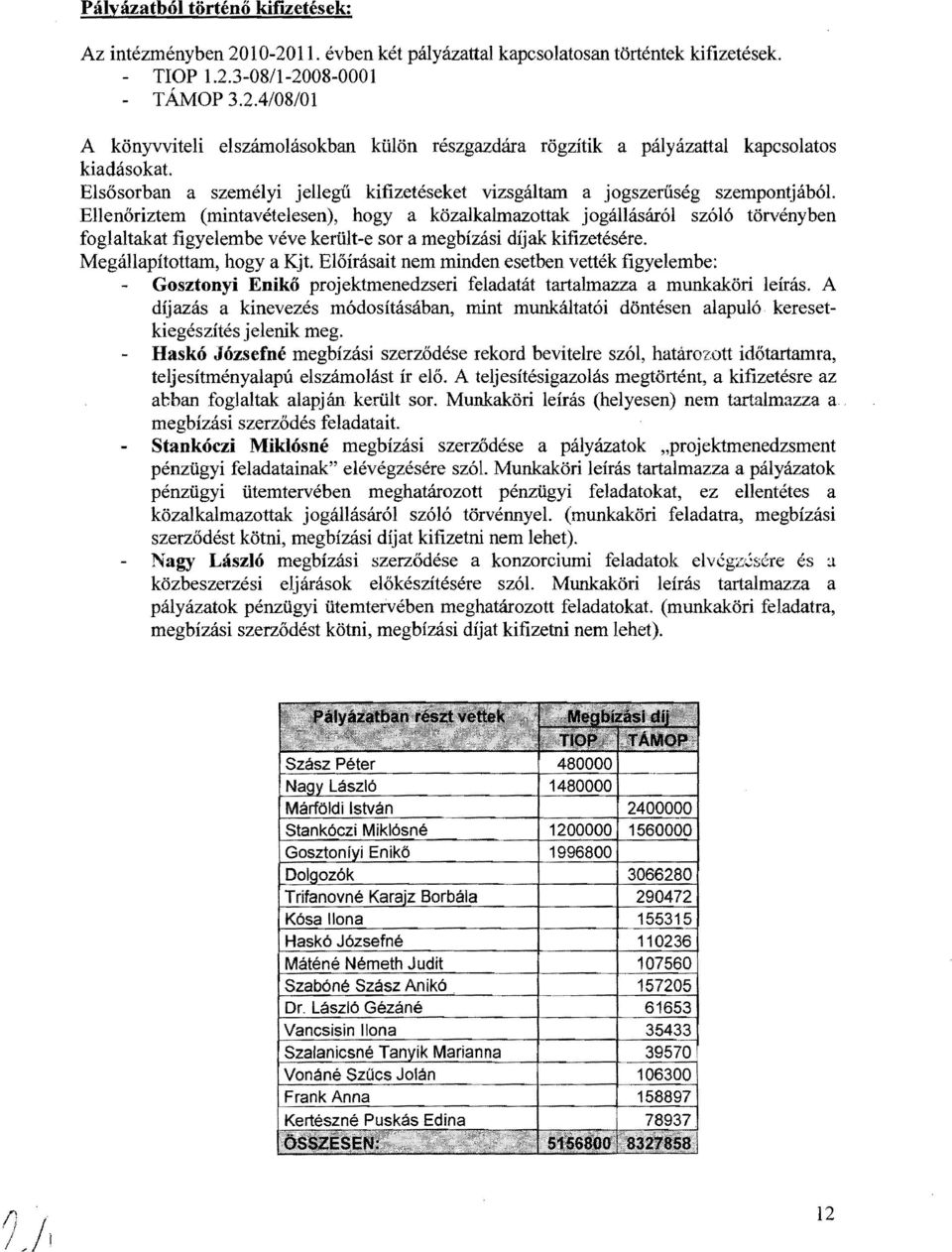 Ellenőriztem (mintavételesen), hogy a közalkalmazottak jogállásáról szóló törvényben foglaltakat figyelembe véve került-e sor a megbízási díjak kifizetésére. Megállapítottam, hogy a Kjt.