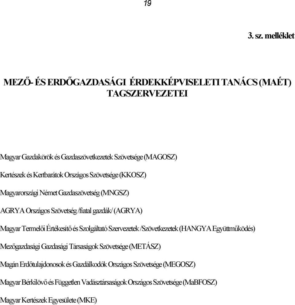 Kertbarátok Országos Szövetsége (KKOSZ) Magyarországi Német Gazdaszövetség (MNGSZ) AGRYA Országos Szövetség /fiatal gazdák/ (AGRYA) Magyar Termelői