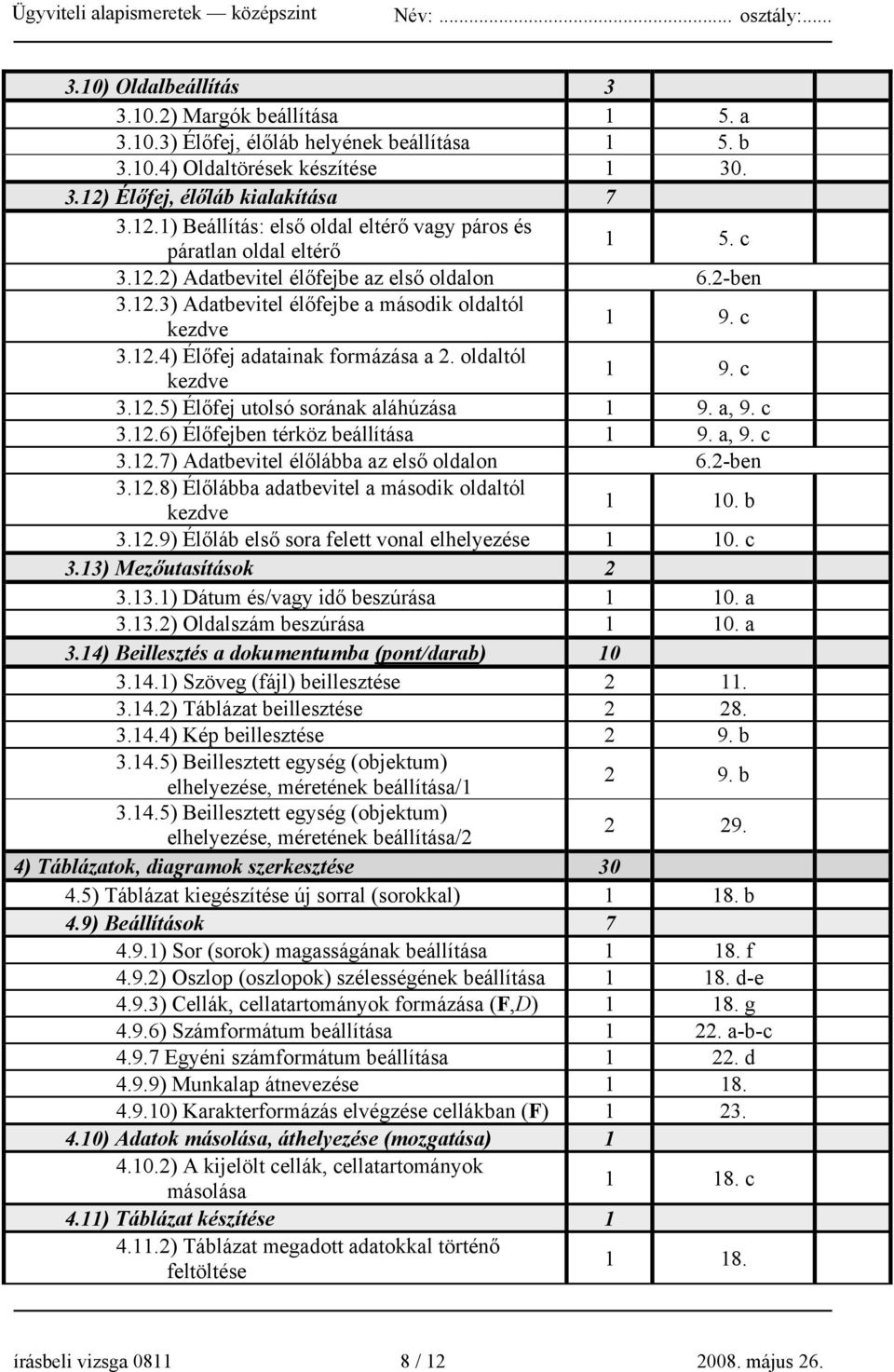 c 3.12.4) Élőfej adatainak formázása a 2. oldaltól kezdve 1 9. c 3.12.5) Élőfej utolsó sorának aláhúzása 1 9. a, 9. c 3.12.6) Élőfejben térköz beállítása 1 9. a, 9. c 3.12.7) Adatbevitel élőlábba az első oldalon 6.