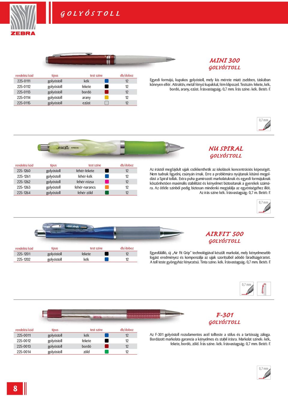 NU SPIRAL 225-1260 golyóstoll fehér-fekete 12 225-1261 golyóstoll fehér-kék 12 225-1262 golyóstoll fehér-rózsa 12 225-1263 golyóstoll fehér-narancs 12 225-1264 golyóstoll fehér-zöld 12 Az írástól