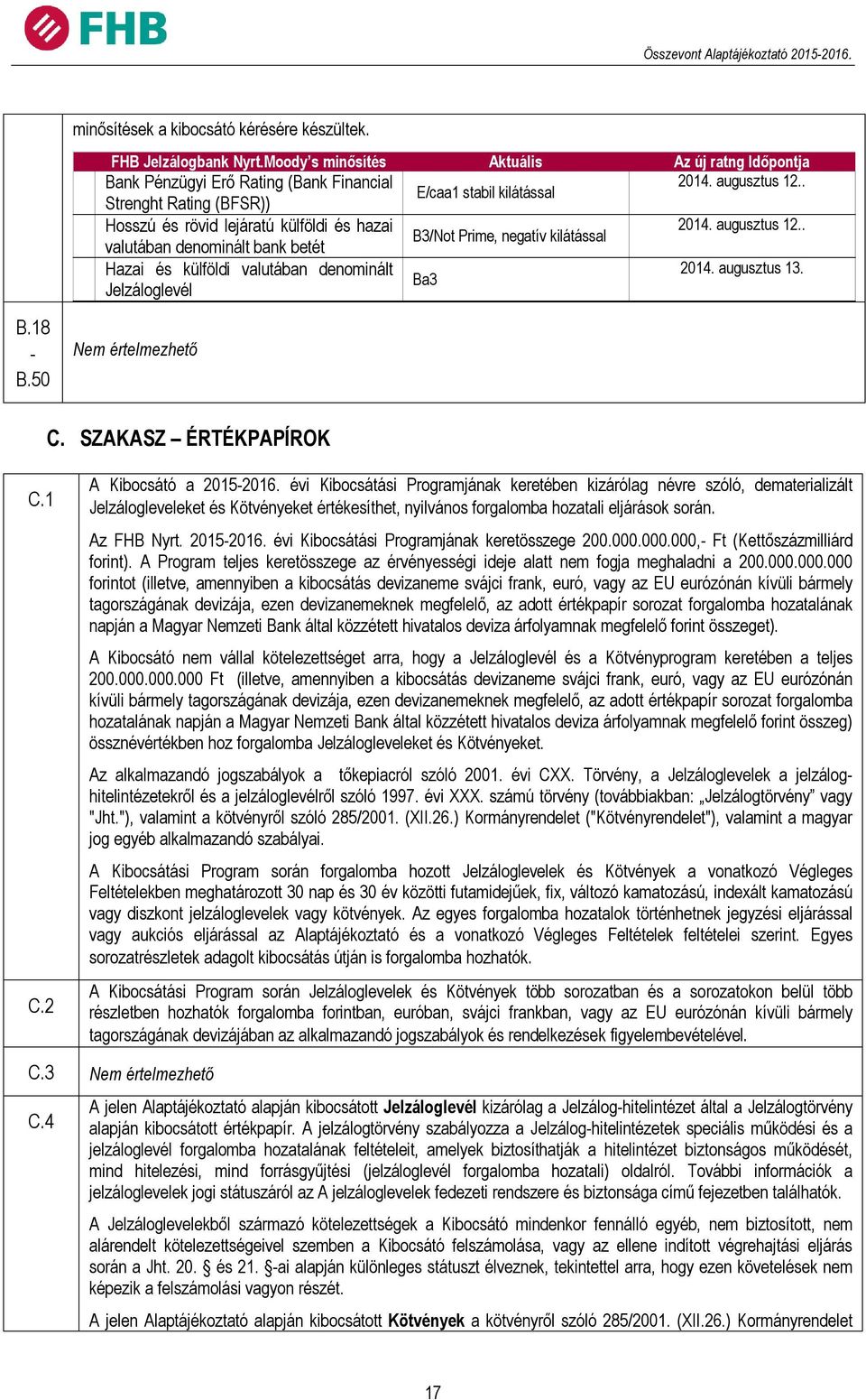 . B3/Not Prime, negatív kilátással valutában denominált bank betét Hazai és külföldi valutában denominált 2014. augusztus 13. Ba3 Jelzáloglevél Nem értelmezhető C. SZAKASZ ÉRTÉKPAPÍROK C.1 C.