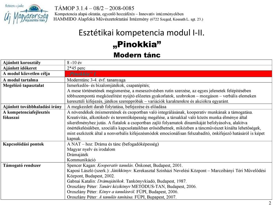 pontok Támogató rendszer 8-10 év 2*45 perc Pinokkia I. Moderntánc 3-4. évf.