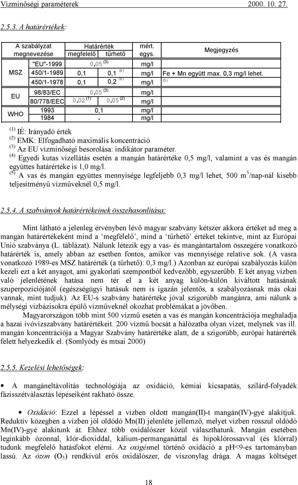 max. 0,3 mg/l lehet. (5) (1) IÉ: Irányadó érték (2) EMK: Elfogadható maximális koncentráció (3) Az EU vízminőségi besorolása: indikátor paraméter.