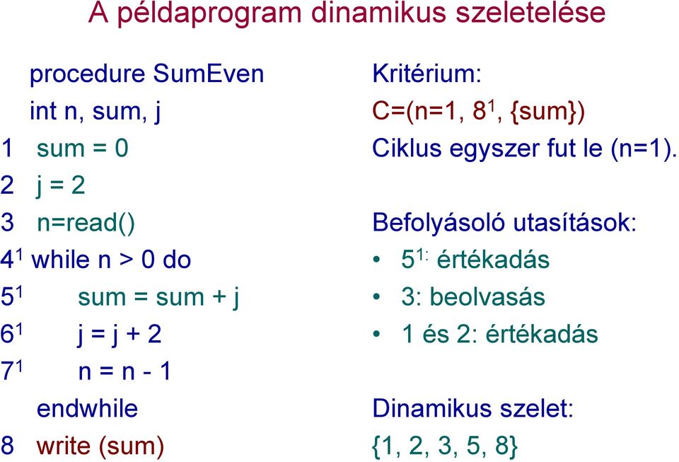 write (sum) Kritérium: C=(n=1, 8 1, {sum}) Ciklus egyszer fut le (n=1).