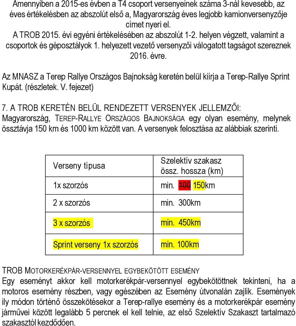 Az MNASZ a Terep Rallye Országos Bajnokság keretén belül kiírja a Terep-Rallye Sprint Kupát. (részletek. V. fejezet) 7.