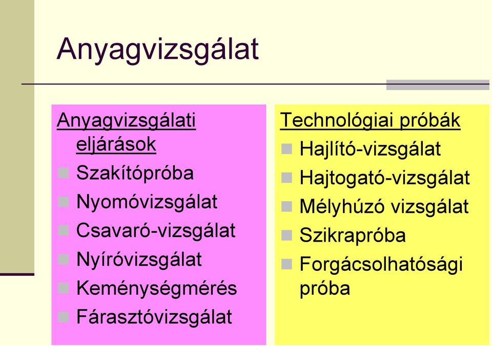 Keménységmérés Fárasztóvizsgálat Technológiai próbák