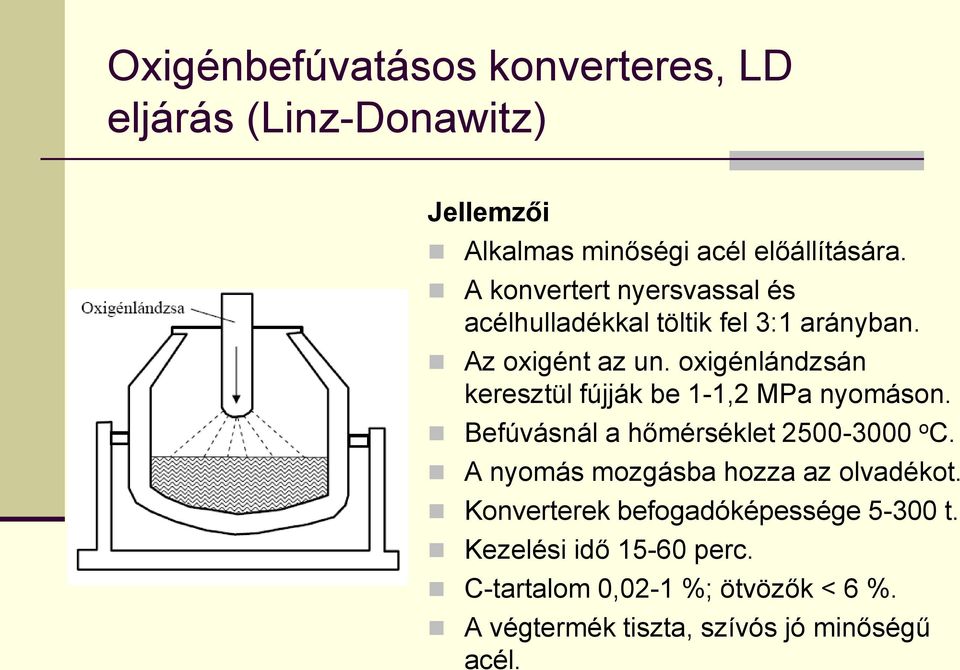 oxigénlándzsán keresztül fújják be 1-1,2 MPa nyomáson. Befúvásnál a hőmérséklet 2500-3000 o C.