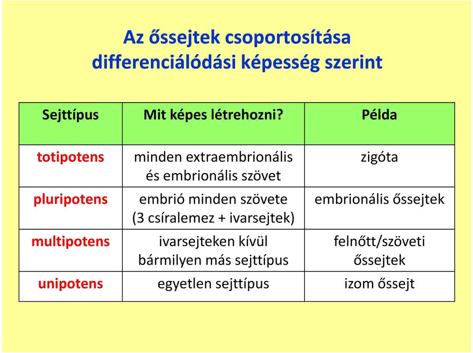 Példa totipotens pluripotens multipotens minden extraembrionális és embrionális szövet