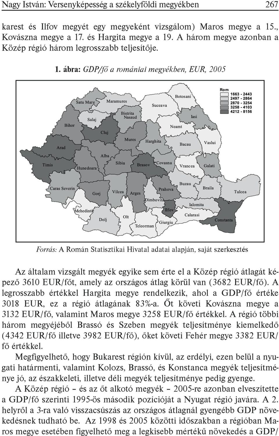 ábra: GDP/fő a romániai megyékben, EUR, 2005 Forrás: A Román Statisztikai Hivatal adatai alapján, saját szerkesztés Az általam vizsgált megyék egyike sem érte el a Közép régió átlagát képező 3610