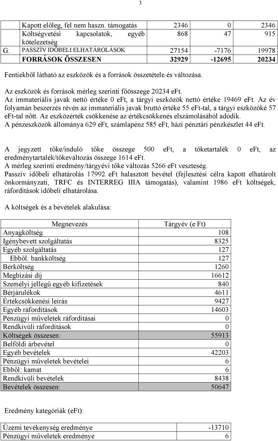 Az eszközök és források mérleg szerinti főösszege 20234 eft. Az immateriális javak nettó értéke 0 eft, a tárgyi eszközök nettó értéke 19469 eft.