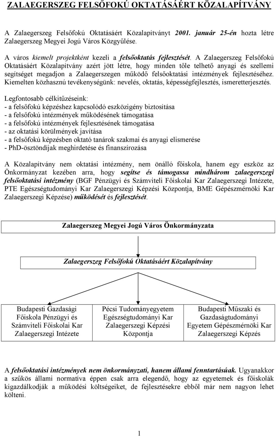 A Zalaegerszeg Felsőfokú Oktatásáért Közalapítvány azért jött létre, hogy minden tőle telhető anyagi és szellemi segítséget megadjon a Zalaegerszegen működő felsőoktatási intézmények fejlesztéséhez.