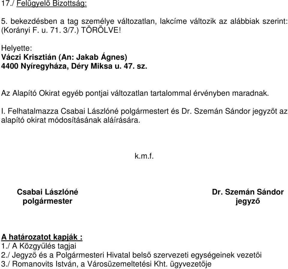 Felhatalmazza Csabai Lászlóné polgármestert és Dr. Szemán Sándor jegyzőt az alapító okirat módosításának aláírására. k.m.f. Csabai Lászlóné polgármester Dr.