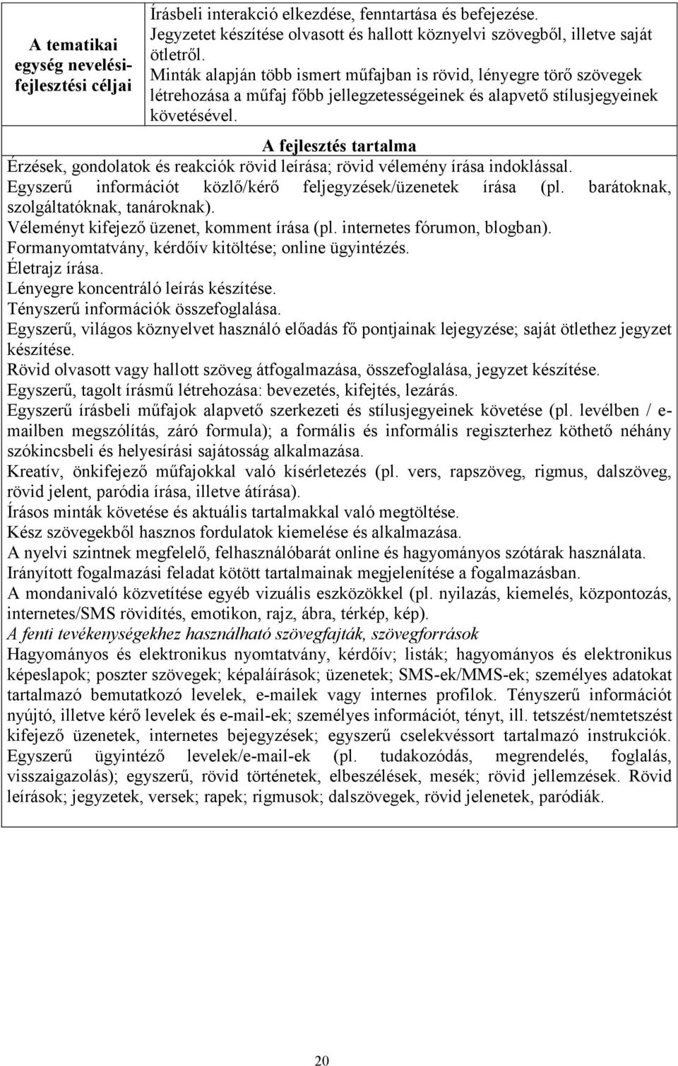 A fejlesztés tartalma Érzések, gondolatok és reakciók rövid leírása; rövid vélemény írása indoklással. Egyszerű információt közlő/kérő feljegyzések/üzenetek írása (pl.