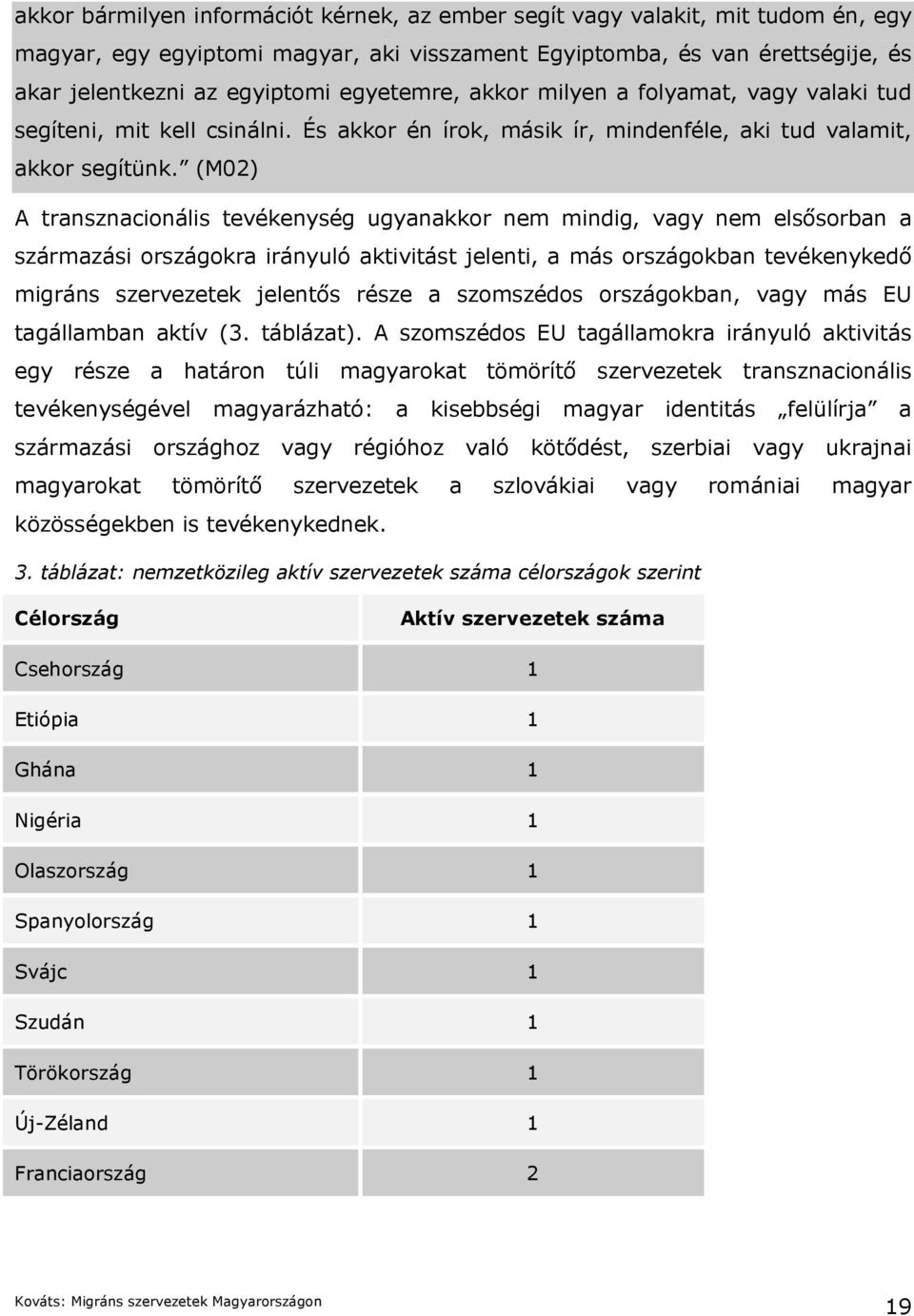 (M02) A transznacionális tevékenység ugyanakkor nem mindig, vagy nem elsősorban a származási országokra irányuló aktivitást jelenti, a más országokban tevékenykedő migráns szervezetek jelentős része