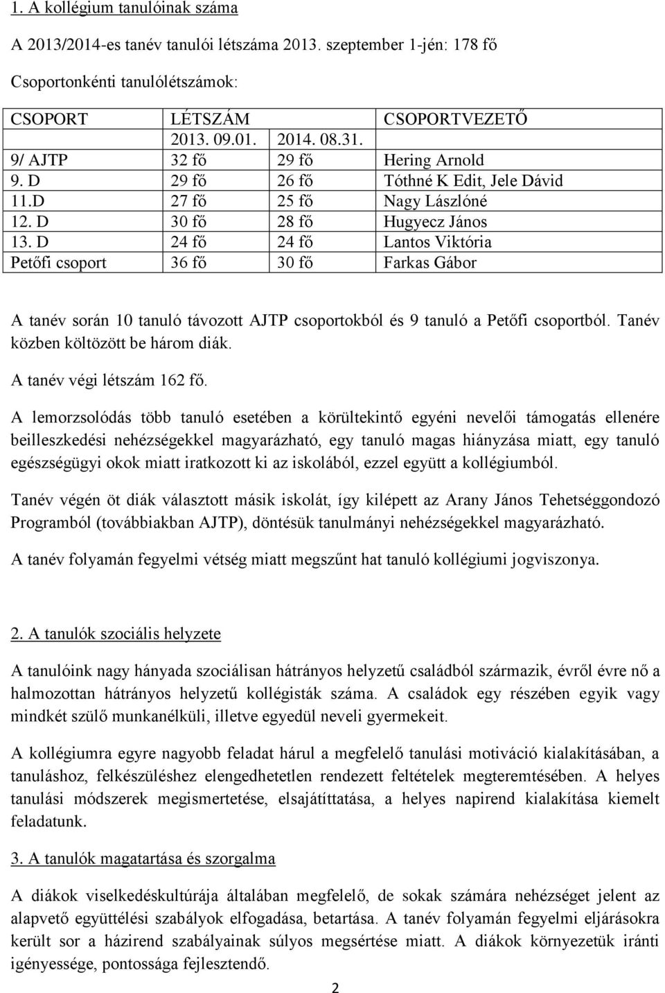 D 24 fő 24 fő Lantos Viktória Petőfi csoport 36 fő 30 fő Farkas Gábor A tanév során 10 tanuló távozott AJTP csoportokból és 9 tanuló a Petőfi csoportból. Tanév közben költözött be három diák.