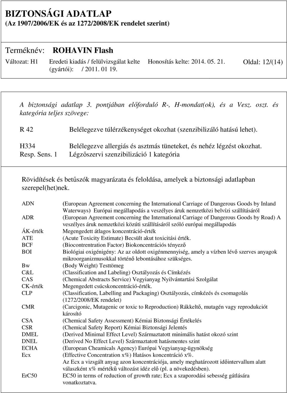 Légzőszervi szenzibilizáció 1 kategória Rövidítések és betűszók magyarázata és feloldása, amelyek a biztonsági adatlapban szerepel(het)nek.