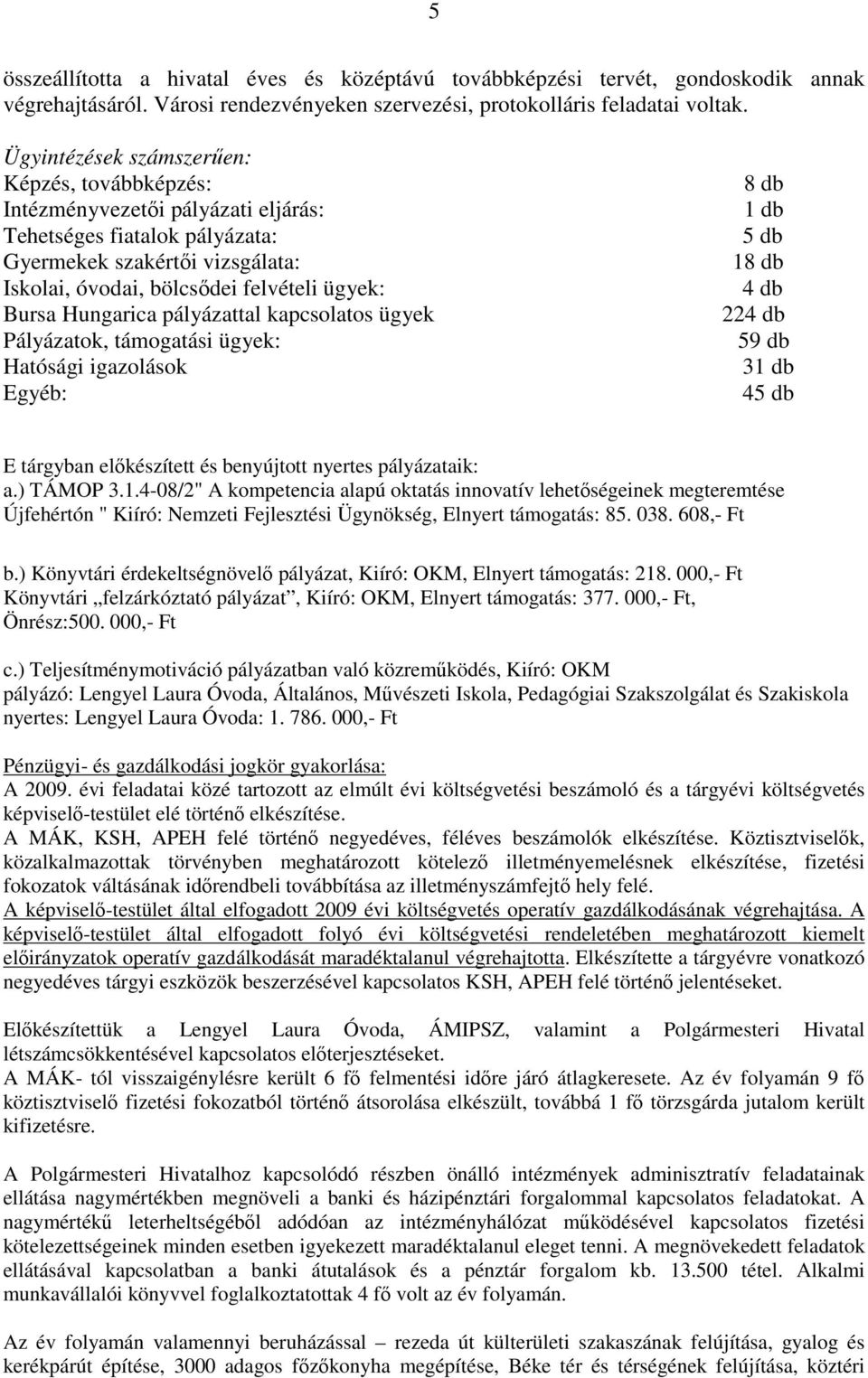 Hungarica pályázattal kapcsolatos ügyek Pályázatok, támogatási ügyek: Hatósági igazolások Egyéb: 8 db 1 db 5 db 18 db 4 db 224 db 59 db 31 db 45 db E tárgyban előkészített és benyújtott nyertes