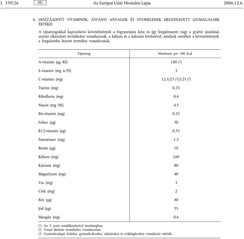 elkészített termékekre vonatkoznak, a kálium és a kalcium kivételével, amelyek esetében a követelmények a forgalomba hozott termékre vonatkoznak.