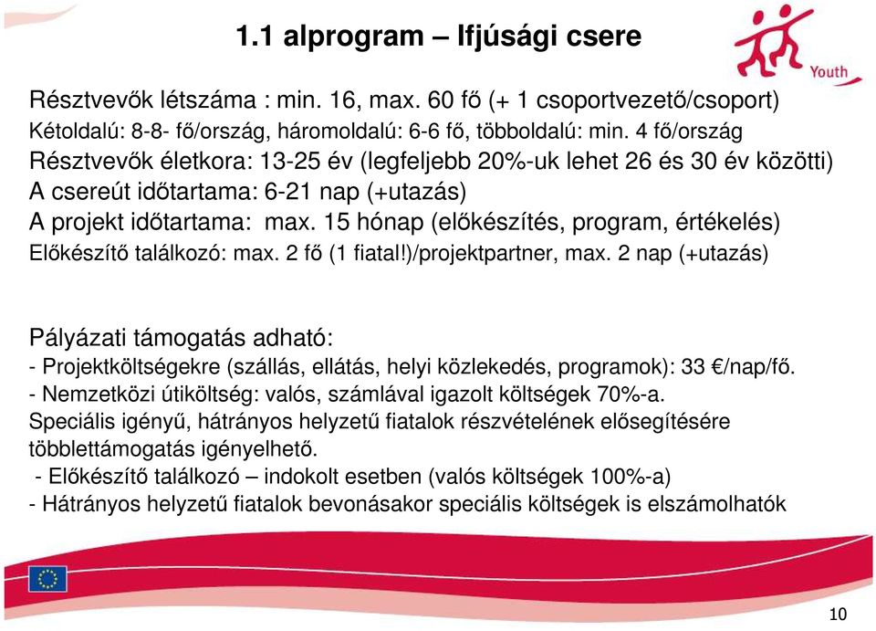 15 hónap (elıkészítés, program, értékelés) Elıkészítı találkozó: max. 2 fı (1 fiatal!)/projektpartner, max.