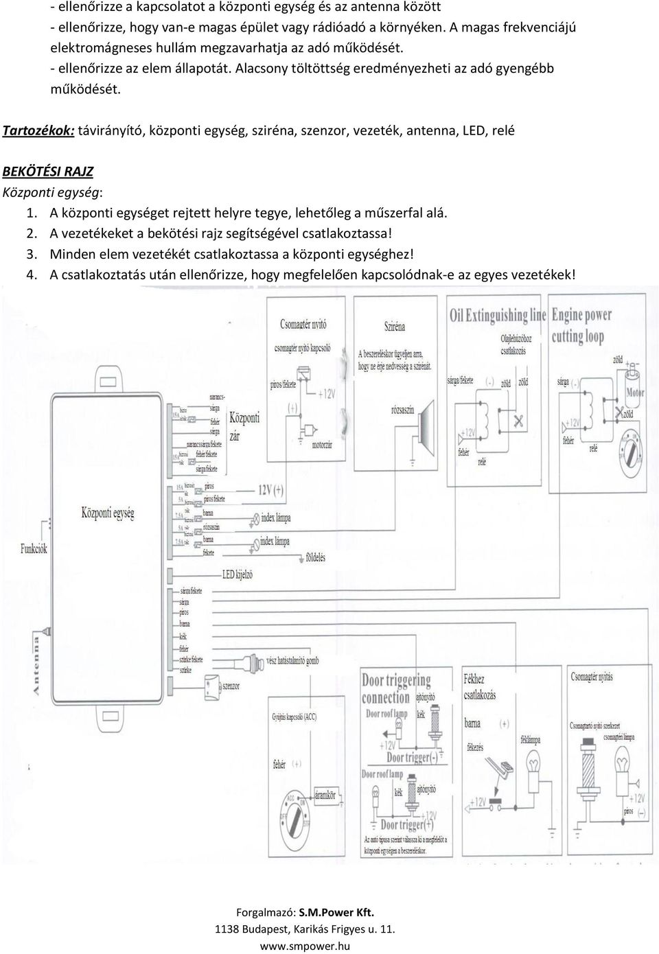 Tartozékok: távirányító, központi egység, sziréna, szenzor, vezeték, antenna, LED, relé BEKÖTÉSI RAJZ Központi egység: 1.