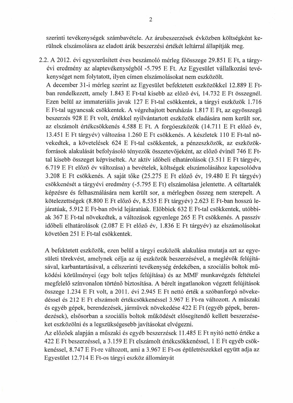 Az Egyesület vállalkozási tevékenységet nem folytatott, ilyen címen elszámolásokat nem eszközölt. A december 31-i mérleg szerint az Egyesület befektetett eszközökkel 12.