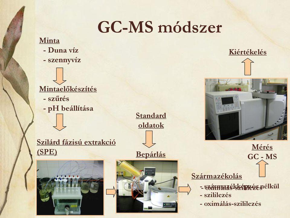 Szilárd fázisú extrakció (SPE) Bepárlás Származékolás Mérés GC -