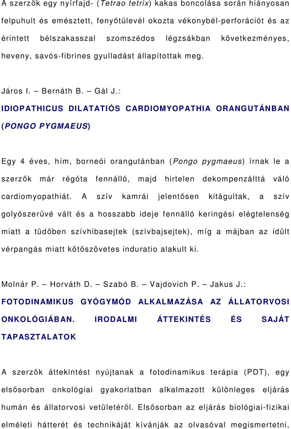 : IDIOPATHICUS DILATATIÓS CARDIOMYOPATHIA ORANGUTÁNBAN (PONGO PYGMAEUS) Egy 4 éves, hím, borneói orangutánban (Pongo pygmaeus) írnak le a szerzők már régóta fennálló, majd hirtelen dekompenzálttá