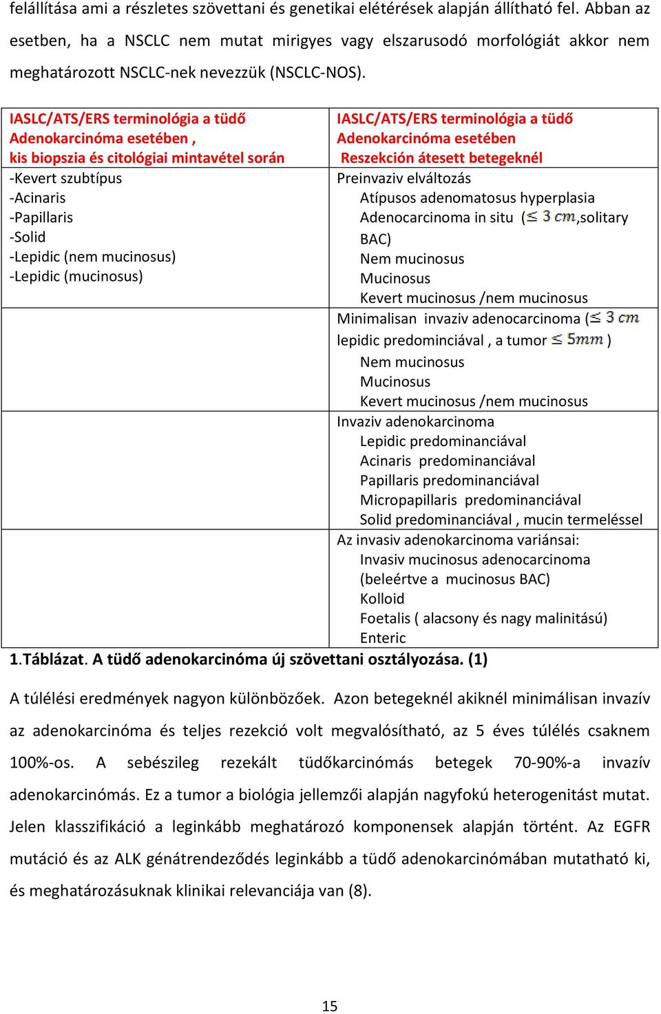 IASLC/ATS/ERS terminológia a tüdő Adenokarcinóma esetében, kis biopszia és citológiai mintavétel során -Kevert szubtípus -Acinaris -Papillaris -Solid -Lepidic (nem mucinosus) -Lepidic (mucinosus) 1.