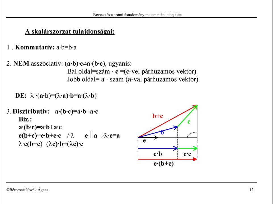 szám (-vl párhuzmos vektor) DE: λ ( )=(λ ) = (λ ). Disztriutív: ( c)= + c Biz.