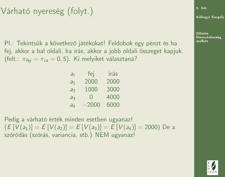 : π fej = π ia = 0, 5). Ki melyiket választaná?