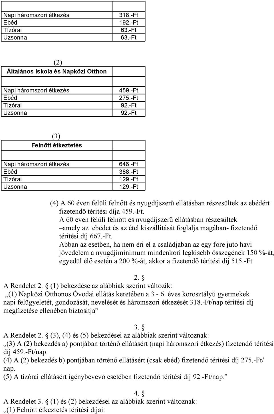 -Ft 129.-Ft (4) A 60 éven felüli felnőtt és nyugdíjszerű ellátásban részesültek az ebédért fizetendő térítési díja 459.-Ft. A 60 éven felüli felnőtt és nyugdíjszerű ellátásban részesültek amely az ebédet és az étel kiszállítását foglalja magában- fizetendő térítési díj 667.