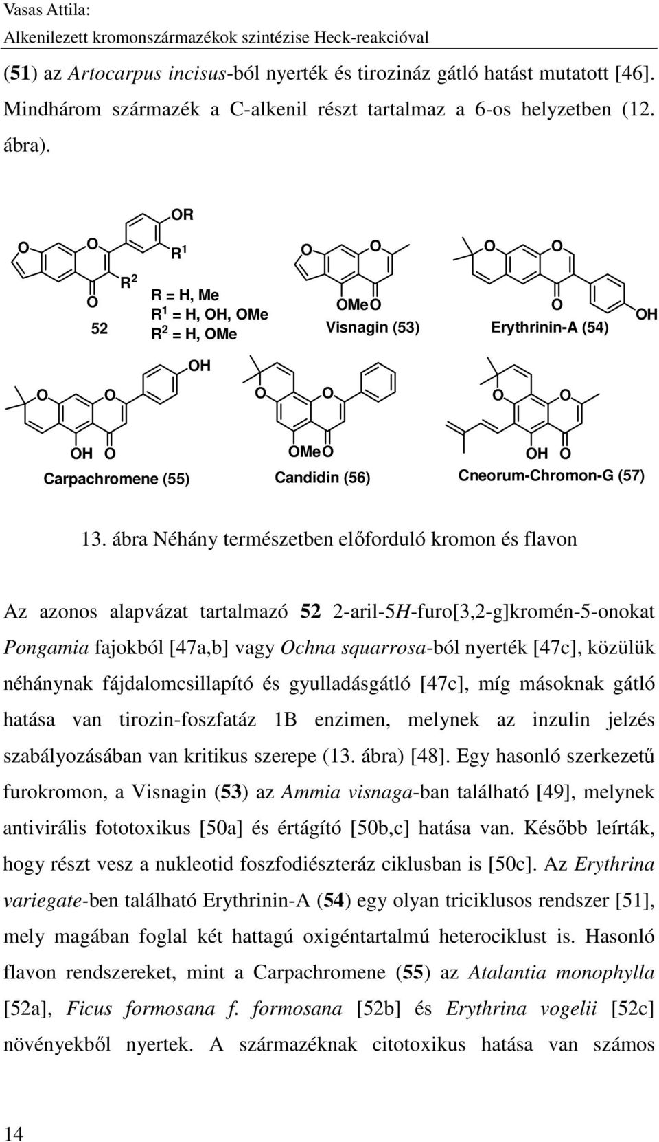 ábra Néhány természetben előforduló kromon és flavon Az azonos alapvázat tartalmazó 52 2-aril-5H-furo[3,2-g]kromén-5-onokat Pongamia fajokból [47a,b] vagy chna squarrosa-ból nyerték [47c], közülük