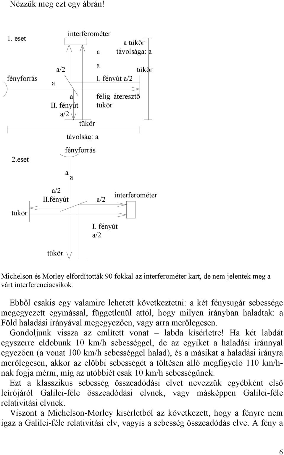 fényút a/ tükör interferométer tükör Michelson és Morley elfordították 90 fokkal az interferométer kart, de nem jelentek meg a várt interferenciacsíkok.