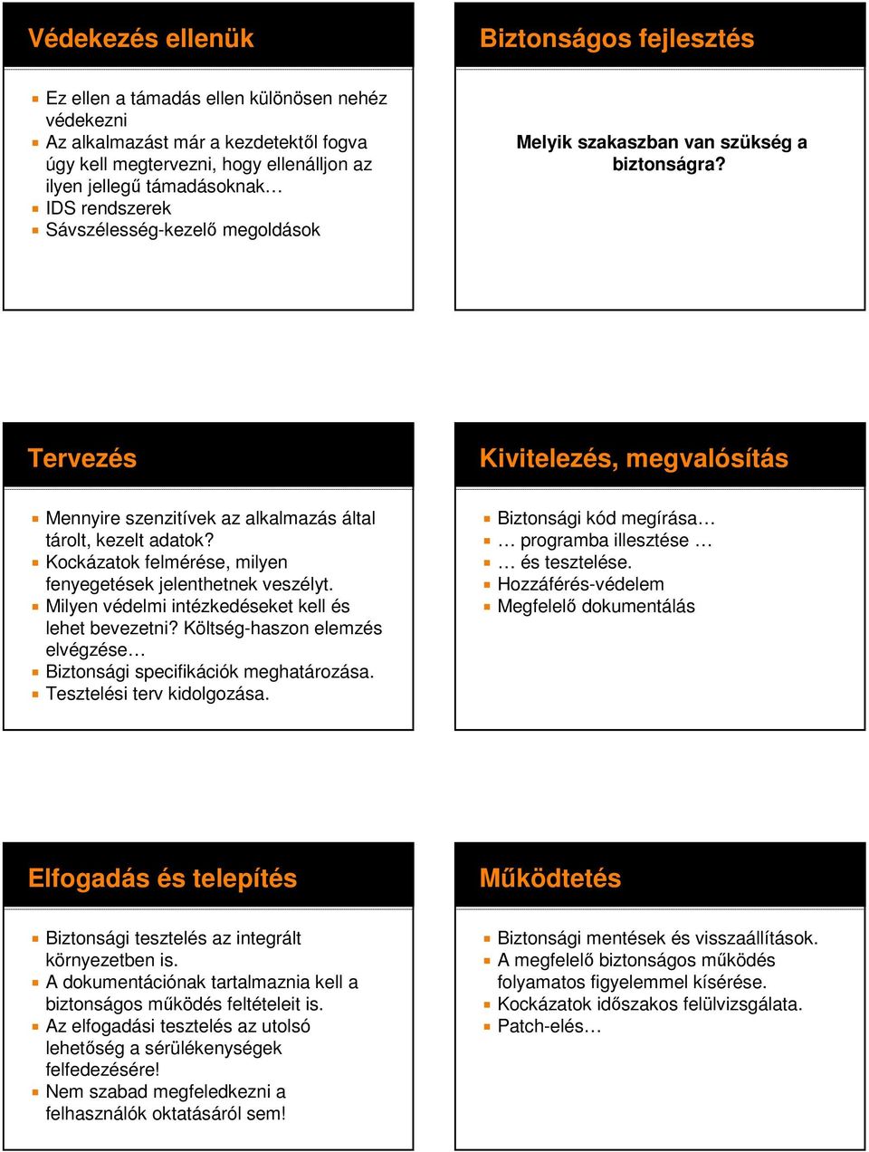 Kockázatok felmérése, milyen fenyegetések jelenthetnek veszélyt. Milyen védelmi intézkedéseket kell és lehet bevezetni? Költség-haszon elemzés elvégzése Biztonsági specifikációk meghatározása.