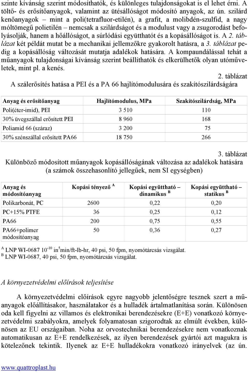 hőállóságot, a súrlódási együtthatót és a kopásállóságot is. A 2. táblázat két példát mutat be a mechanikai jellemzőkre gyakorolt hatásra, a 3.