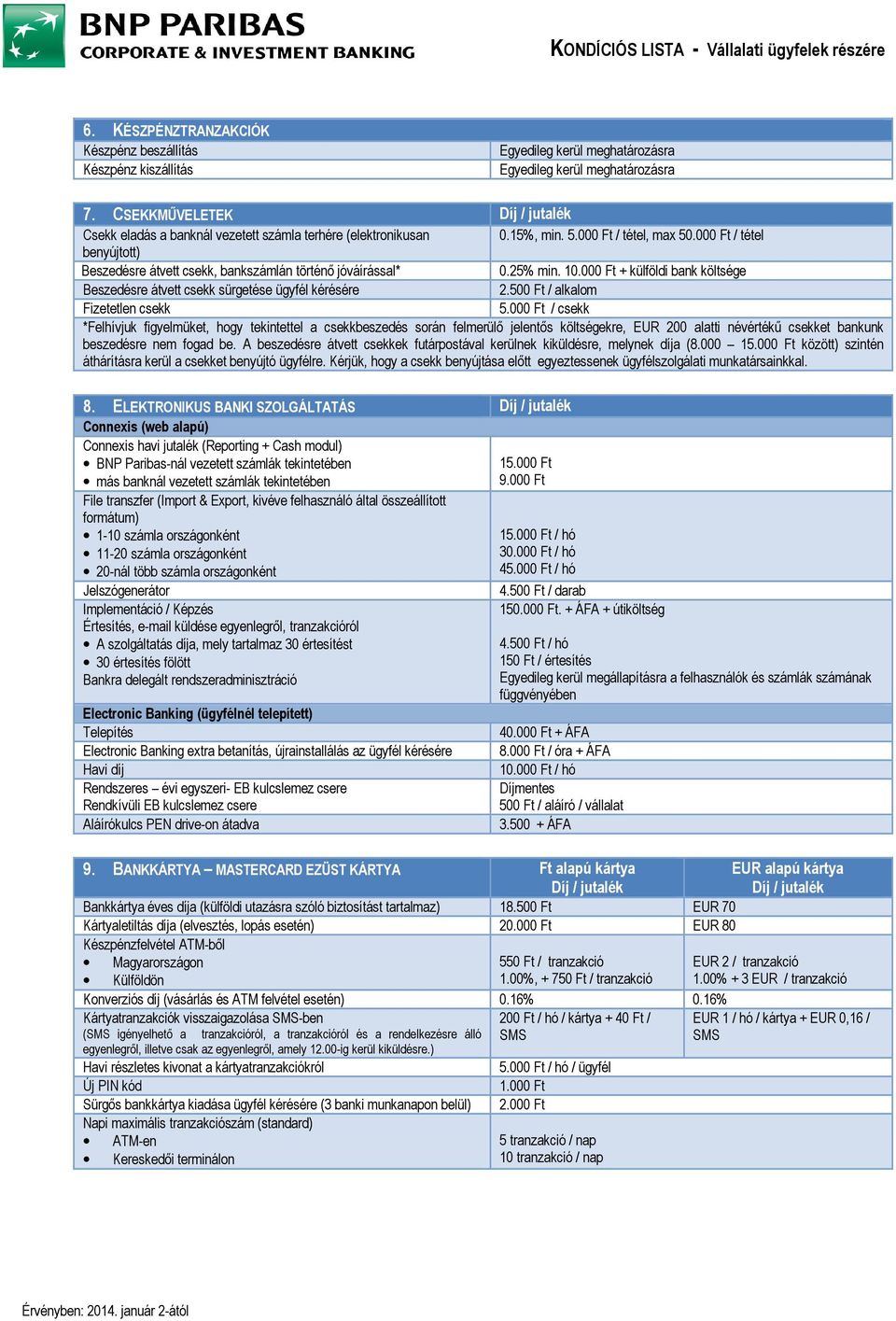 000 Ft / tétel benyújtott) Beszedésre átvett csekk, bankszámlán történı jóváírással* 0.25% min. 10.000 Ft + külföldi bank költsége Beszedésre átvett csekk sürgetése ügyfél kérésére 2.