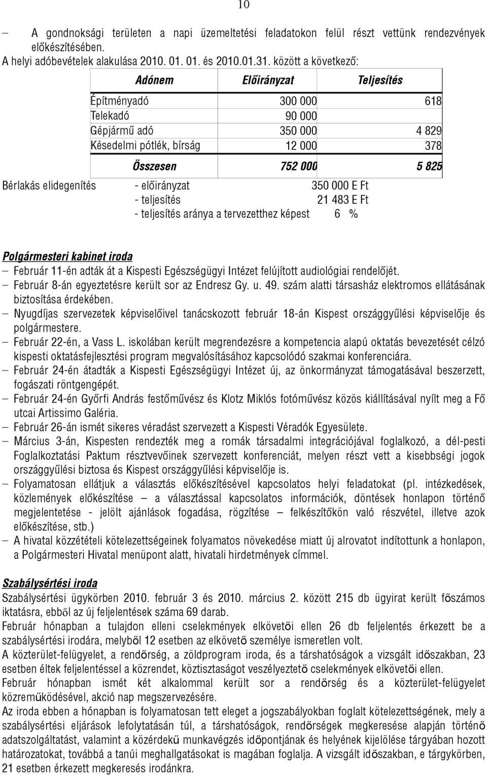 előirányzat 350 000 E Ft - teljesítés 21 483 E Ft - teljesítés aránya a tervezetthez képest 6 % Polgármesteri kabinet iroda Február 11-én adták át a Kispesti Egészségügyi Intézet felújított