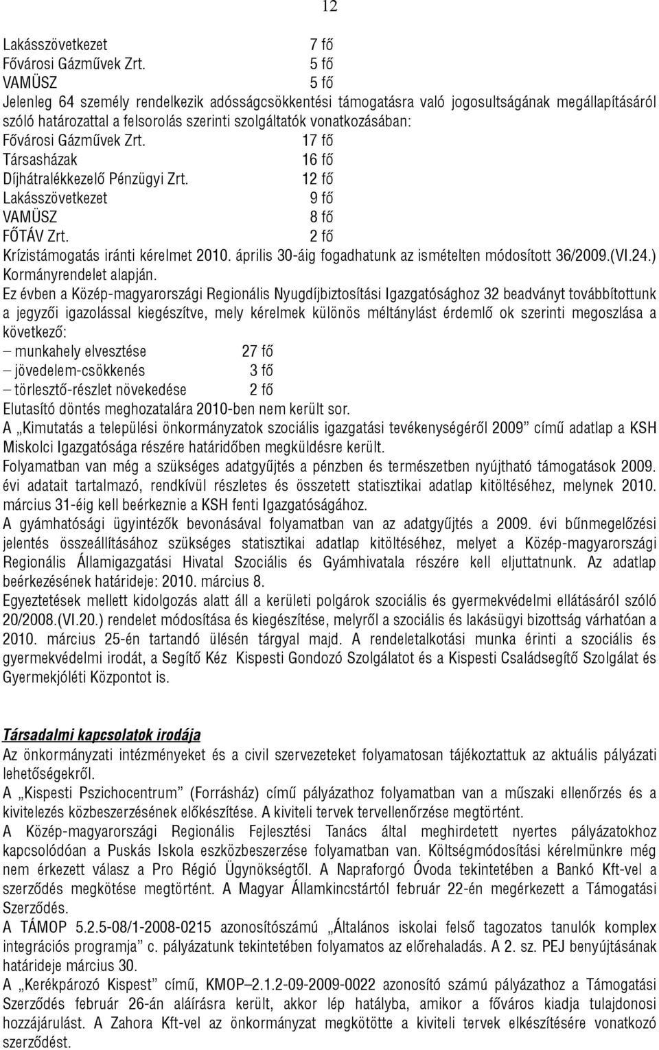 Gázművek Zrt. 17 fő Társasházak 16 fő Díjhátralékkezelő Pénzügyi Zrt. 12 fő Lakásszövetkezet 9 fő VAMÜSZ 8 fő FŐTÁV Zrt. 2 fő Krízistámogatás iránti kérelmet 2010.