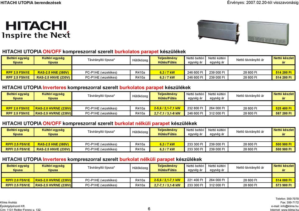 5 HNVE (230V) 6,3 / 7 kw 246 600 Ft 239 000 Ft 514 200 Ft HITACHI UTOPIA Inverteres kompreszorral szerelt burkolatos parapet készülékek Távirányító * távirányító RPF 2.0 FSN1E RAS2.