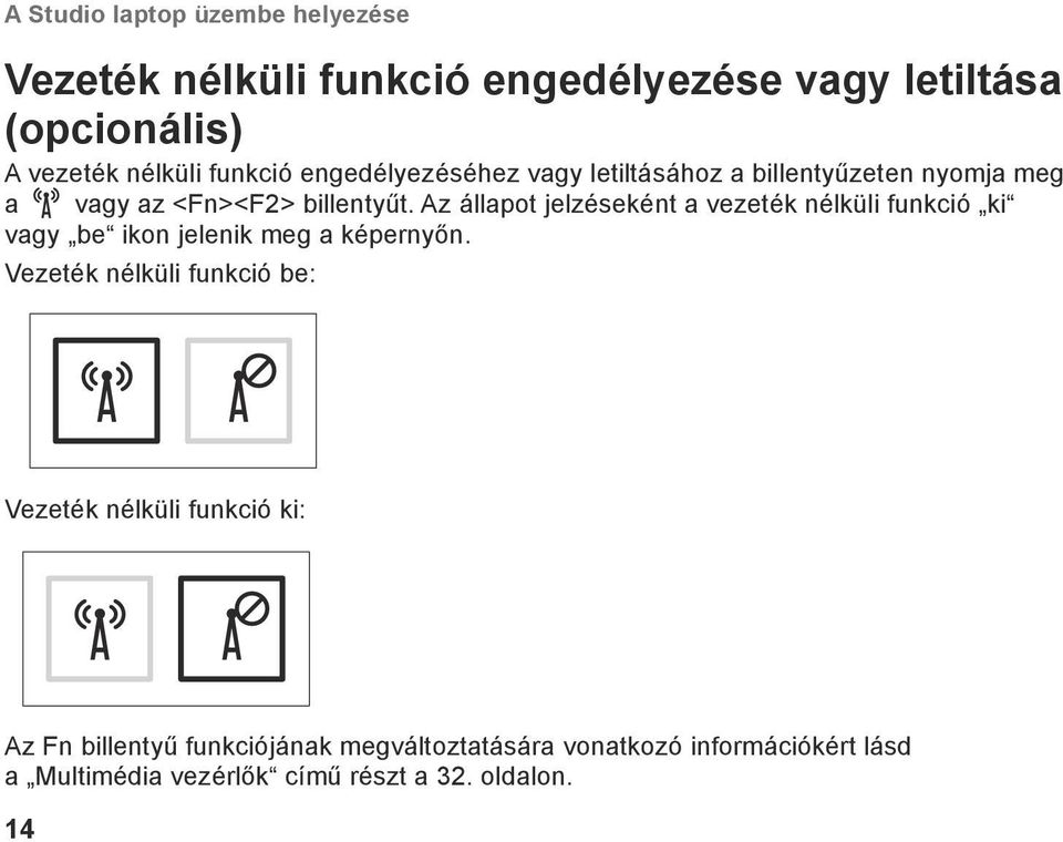 Az állapot jelzéseként a vezeték nélküli funkció ki vagy be ikon jelenik meg a képernyőn.