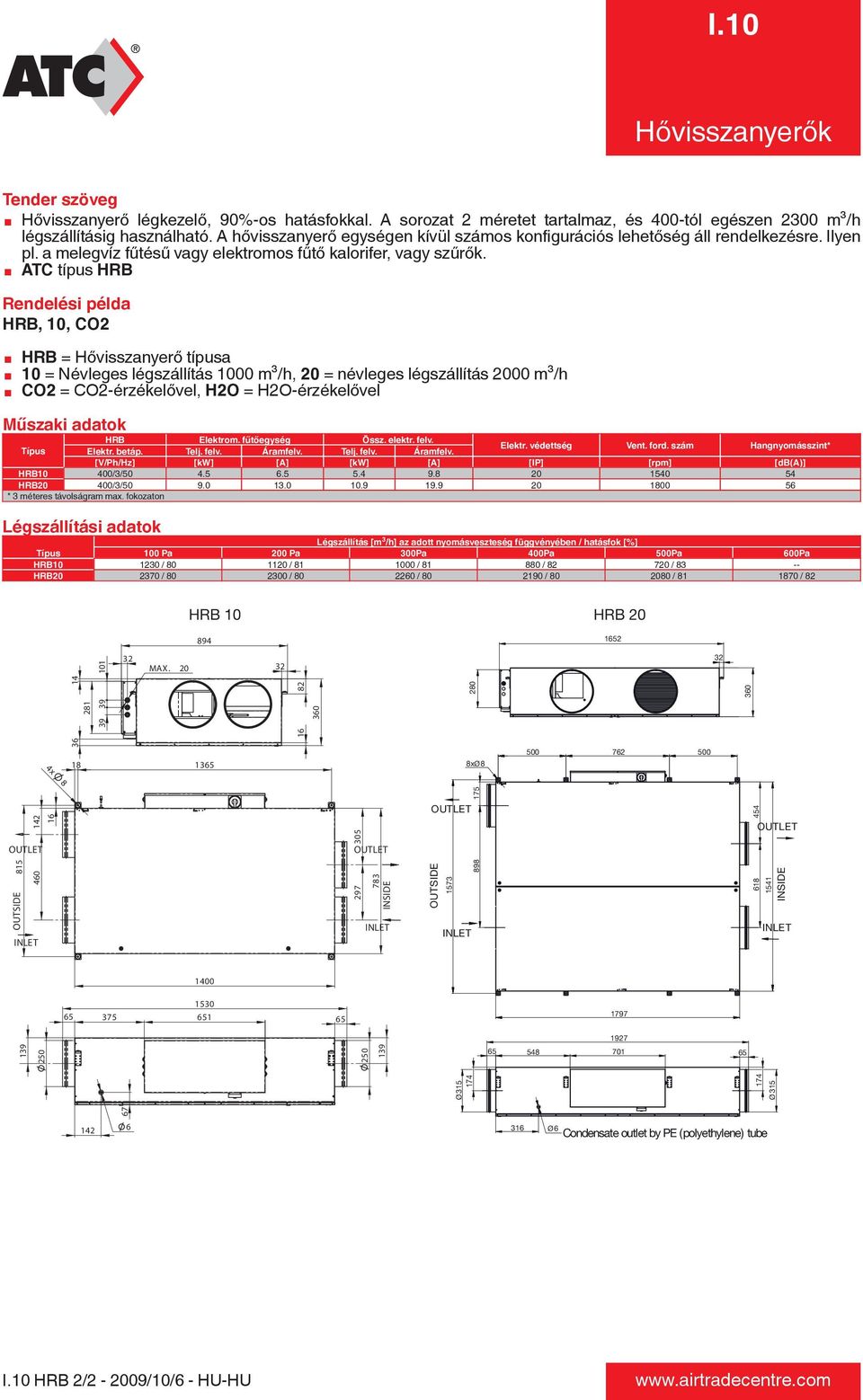 æ ATC típus HRB Rendelési példa HRB, 10, CO2 æ HRB = Hővisszanyerő típusa æ 10 = Névleges légszállítás 1000 m³/h, 20 = névleges légszállítás 2000 m³/h æ CO2 = CO2-érzékelővel, H2O = H2O-érzékelővel