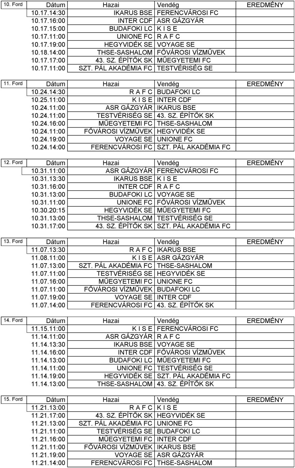 14:30 R A F C BUDAFOKI LC 10.25.11:00 K I S E INTER CDF 10.24.11:00 ASR GÁZGYÁR IKARUS BSE 10.24.11:00 TESTVÉRISÉG SE 43. SZ. ÉPÍTŐK SK 10.24.16:00 MŰEGYETEMI FC THSE-SASHALOM 10.24.11:00 FŐVÁROSI VÍZMŰVEK HEGYVIDÉK SE 10.